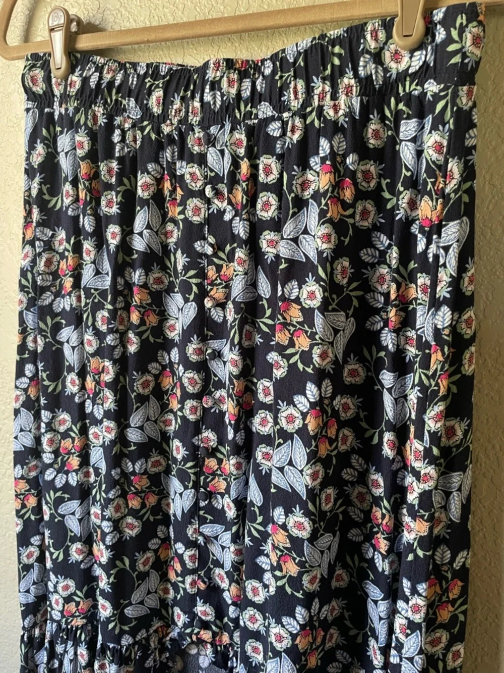 LOFT Petites Womens Medium MP Navy Floral Ruffle Hem Midi Rayon Skirt Modest